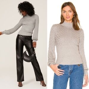 NICHOLAS Metallic Cable Knit Ribbed Puff Sleeve Slim Sweater Pewter Mockneck XS